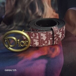 Dior Patterned Brown Belt with Gold Logo Buckle